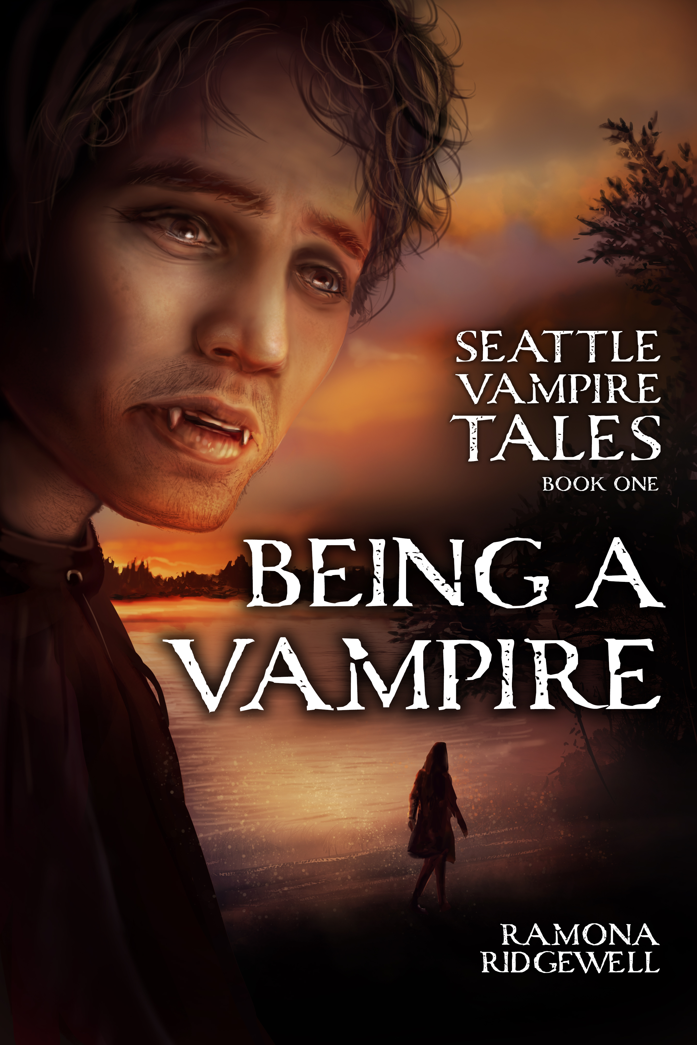 Front of book cover, showing the face of a vampire in the foreground, and a woman walking alone beside a lake at dusk. White stylized text reads, "Seattle Vampire Tales" in medium font, "Book One" in extra small font, "Being a Vampire" in large font, and "Ramona Ridgewell" in small font at the bottom.
